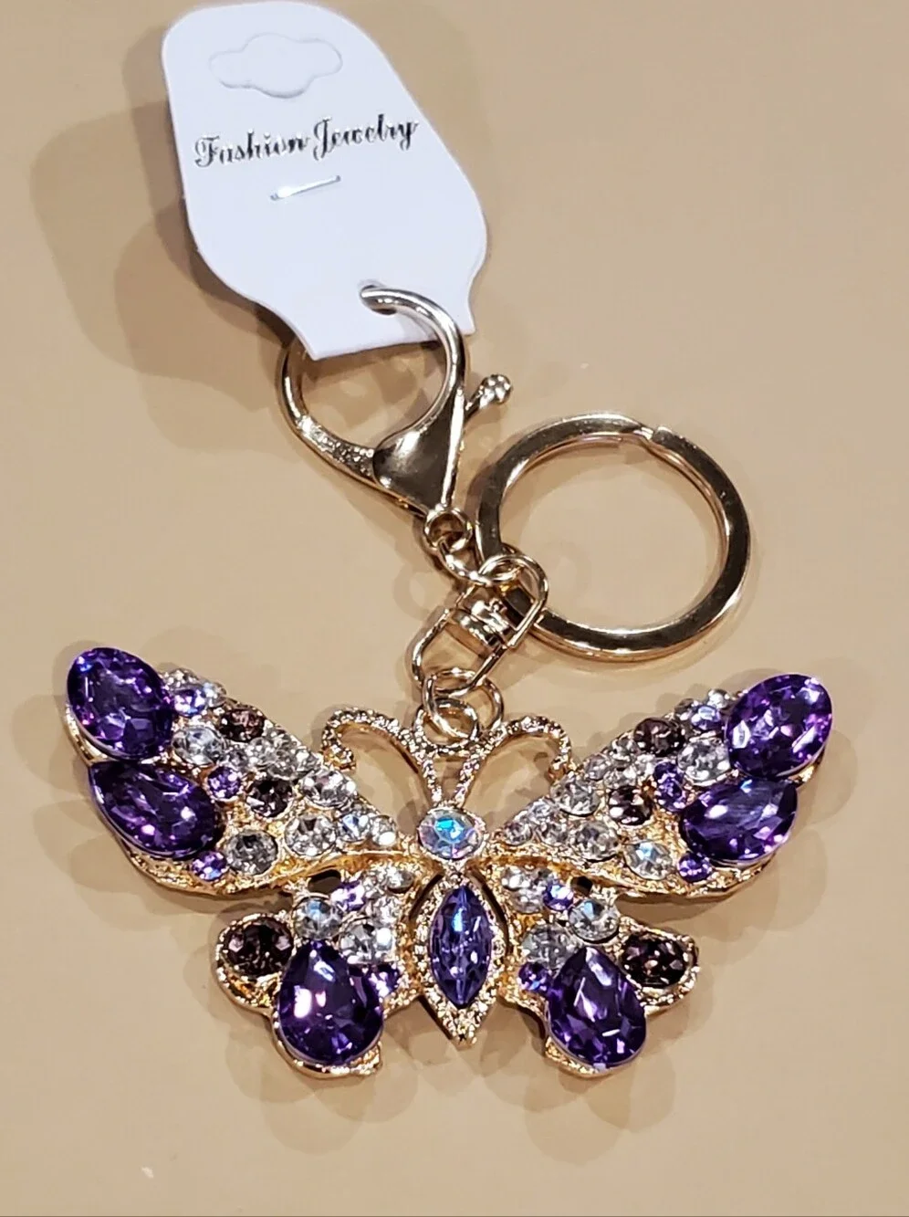 Gold Butterfly Keychain with Purple and Clear Crystals